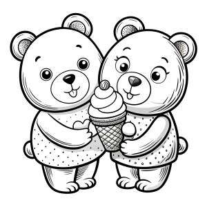 black and white line art, cute lovers bears whit ice cream, black and white only, vector style, for coloring book page