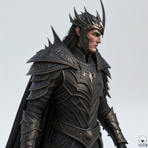 Melkor from The Silmarillion, in a highly detailed 3D model. He wears intricate black armor with sharp edges. Set against a clean, gray background, the digital illustration highlights the software interface controls and panels.