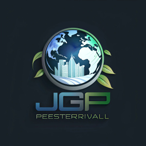 Diseño de un Logotipo globo terráqueo para una constructora de Diseño arquitectonico futurista de casas y jardines y árboles con el nombre JGP 