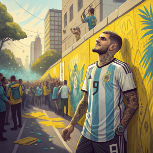 Mauro Icardi, wearing an Argentina jersey with the number 9, is seen at a bustling street event. He is standing beside a mural wall with bright yellow street art