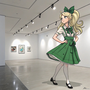 Sonia Nevermind from Danganronpa, blonde hair, green dress with bow, posing in a minimalist art gallery. White walls, spotlights.