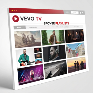 Homepage screenshot of Vevo website. Left sidebar menu featuring 'VEVO TV', 'BROWSE', and 'PLAYLISTS'. Main content area filled with large, high-quality thumbnails of featured music videos alongside catchy descriptions. Clean, modern design with a mix of neutral and vibrant colors.