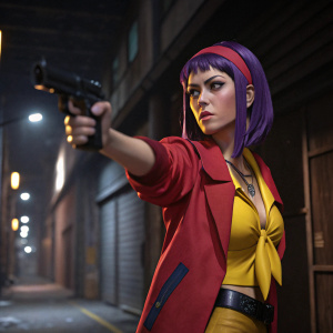 3D render of Faye Valentine from Cowboy Bebop. Faye, in a serious pose with a gun. Wearing a red jacket over a yellow top, her purple hair cascading over her shoulders.