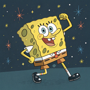 A vibrant illustration of SpongeBob SquarePants flexing his muscles. Dark background with stars. Bright and bold colors, simple lines