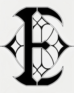 The letter E, Capital E, art nouveau, stained glass window, engraving from 1912, Final Fantasy Tactics from 1999