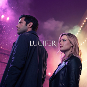Lucifer TV series still. Man with dark hair and woman with blonde hair. Against a purple and pink backdrop with light display. The word Lucifer is visible.