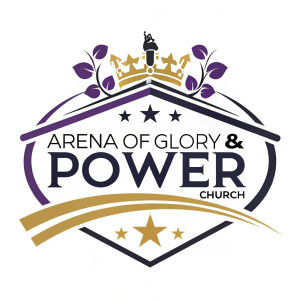 Arena of Glory & Power Church logo. Bold design featuring the church's name. Modern and simple style. Colors include gold, purple, black, and white.