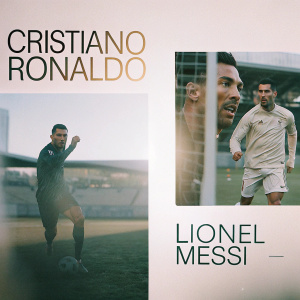 Digital graphic promoting the ultimate football showdown between Cristiano Ronaldo and Lionel Messi. Set against a deep blue backdrop with bold, modern sans-serif font.