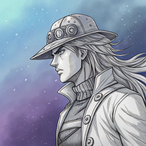 Gyro, from the Steel Ball Run and JoJo's Bizarre Adventure manga, depicted in a detailed sketch. Blue and purple background, long hair, unique hat, determined expression