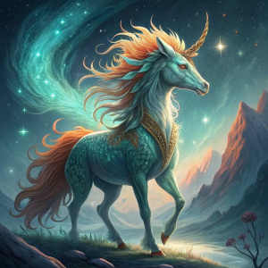 Illustration of Kirin, a mythical creature from Japanese folklore. The Kirin has human-like and animal-like features, greenish-blue skin, and a long orange mane. The background is a cool, space-like setting.
