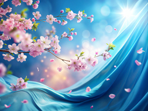 blue background, pink sakura, blue silk, wind, sunlight