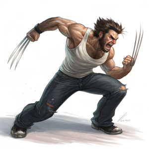 Wolverine, from X-Men, flexing his claws. Aggressive stance. White tank top, worn jeans, messy hair. Anime-style illustration.