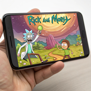 Hand holding smartphone showcasing retro-style Rick and Morty mobile game interface. Cartoon characters Rick Sanchez and Morty in vibrant, colorful environment. Game title prominently displayed.