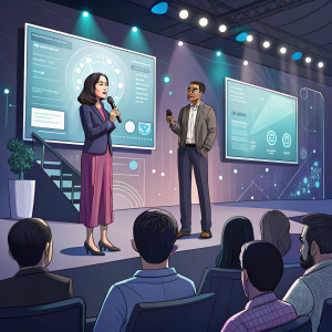 Jenny Zeng and Arjun Kharpal speaking at a tech conference. Audience in rows, digital screens behind them.