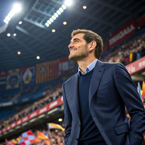 Iker Casillas, former soccer player, wearing a tailored suit. Standing in a stadium, surrounded by fans.