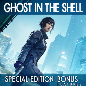 DVD cover of Ghost in the Shell featuring main character in action pose. Blue and white colors. Text highlights special edition and bonus features.