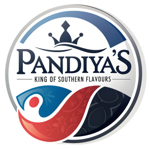 Modern logo design for Pandiya's featuring a circular emblem with vibrant hues of white, blue, red, and black. The logo prominently displays 'Pandiya's' in bold, white letters at the top, with 'King Of Southern Flavours' written in sleek black text beneath it.