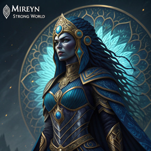 Digital artwork for 'Mireyn: Strong World'. A powerful, mystical female figure. Blue and gold color scheme. Ornate design elements.