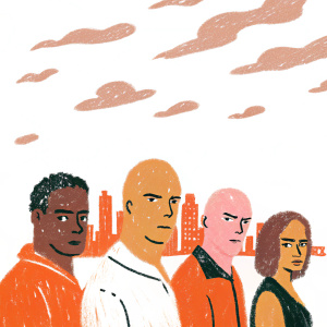 A dynamic movie poster for Fast & Furious 7. The characters, representing diverse ethnicities and hairstyles, stand in a line against a city skyline. Each character has a serious expression. The poster has a monochromatic theme with the Universal Studios logo subtly featured.