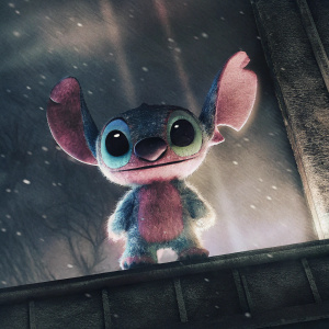 Stitch from Lilo & Stitch, cartoon character, vibrant pastel color scheme, pink and blue hues, cheerful and friendly expression, digital illustration style, soft blurred backdrop