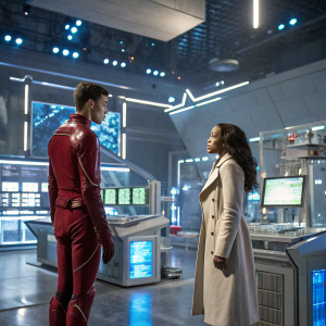 Barry Allen and Iris West, star-crossed lovers from The Flash, standing in a futuristic laboratory with high-tech gadgets and monitors.
