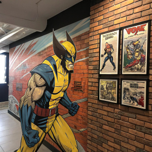 A detailed mural of Wolverine from Marvel Comics on a brick wall. Dynamic pose, intense expression. Bold lines, vibrant colors. Framed comic pages displayed beside mural.