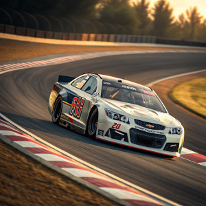 High-speed shot of NASCAR Chevrolet SS race car, number 66, on a curving track. Blurred background