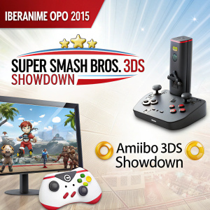 Promotional poster for IberAnime OPO 2015. Super Smash Bros. 3DS Showdown and Amiibo 3DS Showdown highlighted. Competitive free-for-all event. Logos for Super Smash Bros., Amiibo, and Nintendo 3DS featured prominently.