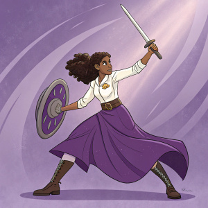 Digital artwork of Filia Aeriel Williams, dressed in a white blouse and purple skirt, standing heroically. A determined expression on her face. Purple gradient background, fighting stance