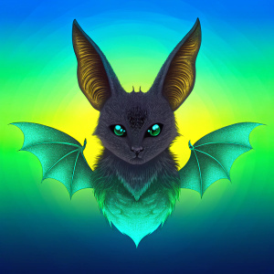 unusual black hybrid of humanoid bat fenek owl butterfly in blue green yellow gradient water