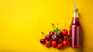 Tropical soft drink bottle concept design. red color scheme theme design, some cut cherries and strawberries next to the bottle, lighting, cinematic, solid, realistic