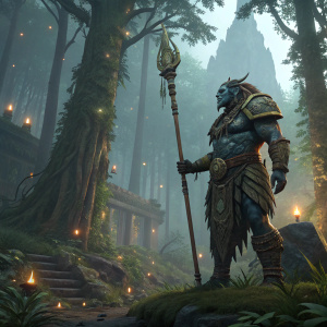 Digital 3D model of a Zandalari troll character from World of Warcraft. Standing amidst dense, mystical forest with ancient ruins.