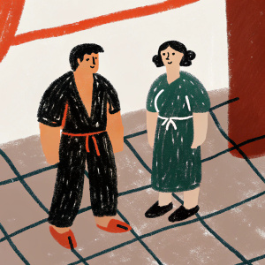 Rough sketch featuring Ryu and Chun-Li. Casual attire. Tiled floor setting. Bold lines and shading