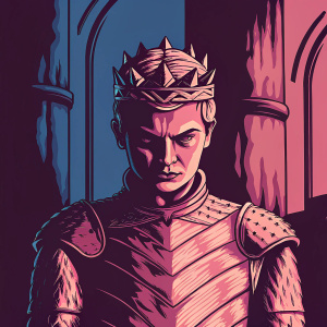 King Joffrey from Game of Thrones, wearing intricate golden armor. Standing in front of a stone throne room, dark and foreboding