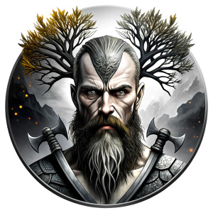 Wikinger mit zwei Gesichtern baum yggdrasil – and weapons high-definition design grey and black, realistic tattoo design, white background