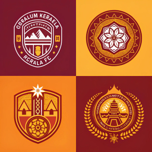 Gokulam Kerala FC's logo series. Maroon, orange, and gold color palette. Traditional and cultural designs. Geometric and graphic elements. Stylized emblems with abstract and symbolic imagery. Flat illustration with modern graphic design aesthetic.