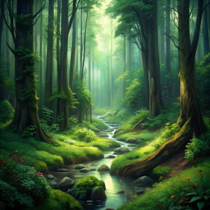 Dense forest with a path, a small stream flows in the forest