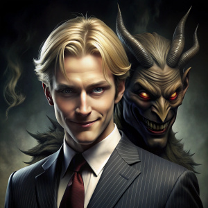 One johan liebert smiling and one demon on back as background gemini in human form