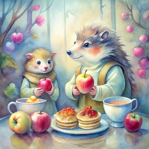 The kitchen smells of delicacies. On the table, there is a plate full of apple pancakes. A mouse and a hedgehog are eating them."









