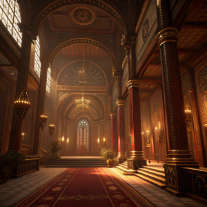 Fantasy interior design from the video game 'Godfall'. Detailed 3D rendering of a grand hall. The room is bathed in warm, ambient light, creating a cozy yet majestic atmosphere. Rich brown, deep red, and golden hues dominate the color palette. Intricate textures and shadows highlight the grand architecture, including tall, ornate pillars and arches leading to a central opening.