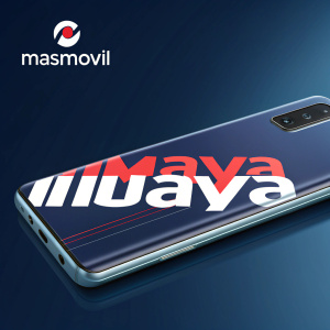 A sleek ad featuring a Masmovil phone with text 'LlamaYa' in bold Spanish. Dark blue background with brand logos