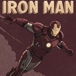 Comic book spread featuring Iron Man. Dark maroon background. Warning label for objectification. Illustration of Iron Man in action. Bold font for title. Smaller text for credits and descriptions.
