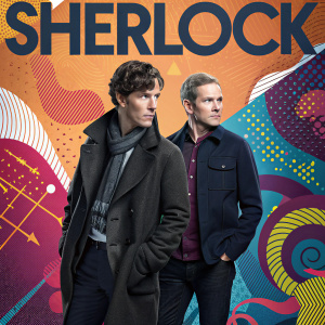 Benedict Cumberbatch and Martin Freeman featured in a modern poster design for the BBC show 'Sherlock'. Dynamic and colorful background