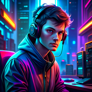 a young guy, wearing headphones, against the background of a computer office, with a joystick in his hands