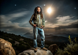 Bob Marley standing on a rock, the sky is dark, very realistic, very detailed, flawless, wide shot, 35mm, 4k
