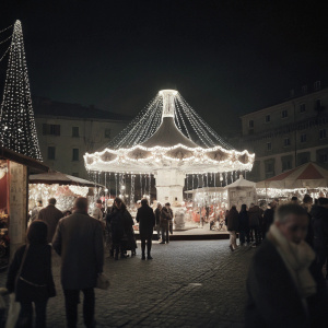 A bustling Christmas market in Piazza Navona, Rome, illuminated by twinkling lights. A festive merry-go-round at the center, surrounded by numerous stalls selling goods and food. Crowds of people, festive and lively.