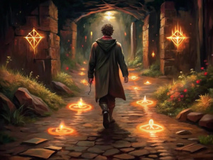"A path illuminated with glowing symbols of joy and meaning, with a person walking confidently towards it."



