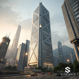 Digital art depicting a futuristic cityscape. Features a towering, angular skyscraper with metallic surface and geometric patterns. Symmetrical design with intricate textures and detailed lighting effects. Substance Designer watermark visible.