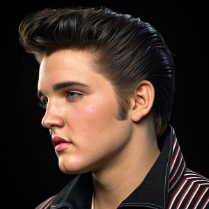 Digital render of Elvis Presley, youthful, slicked-back hair, side part, detailed facial features, against black backdrop.