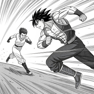 Panel from a black and white manga featuring a thrilling action scene. Characters are in dynamic poses, with motion lines emphasizing their speed. Detailed musculature and bold lines define the traditional manga style. Dramatic action sequences unfold across multiple frames, inspired by anime aesthetics.